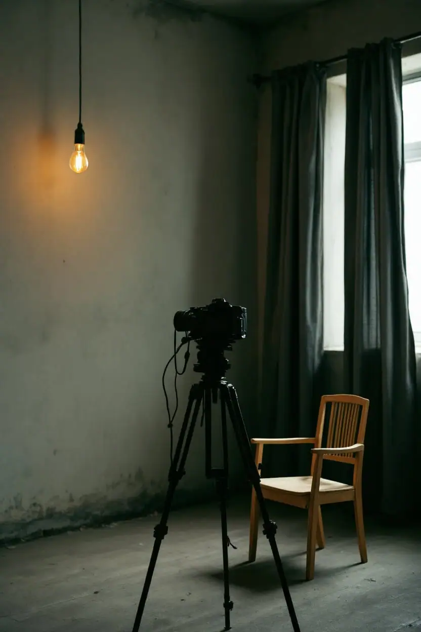 A camera on a tripod faces an empty wooden chair under a single bare bulb