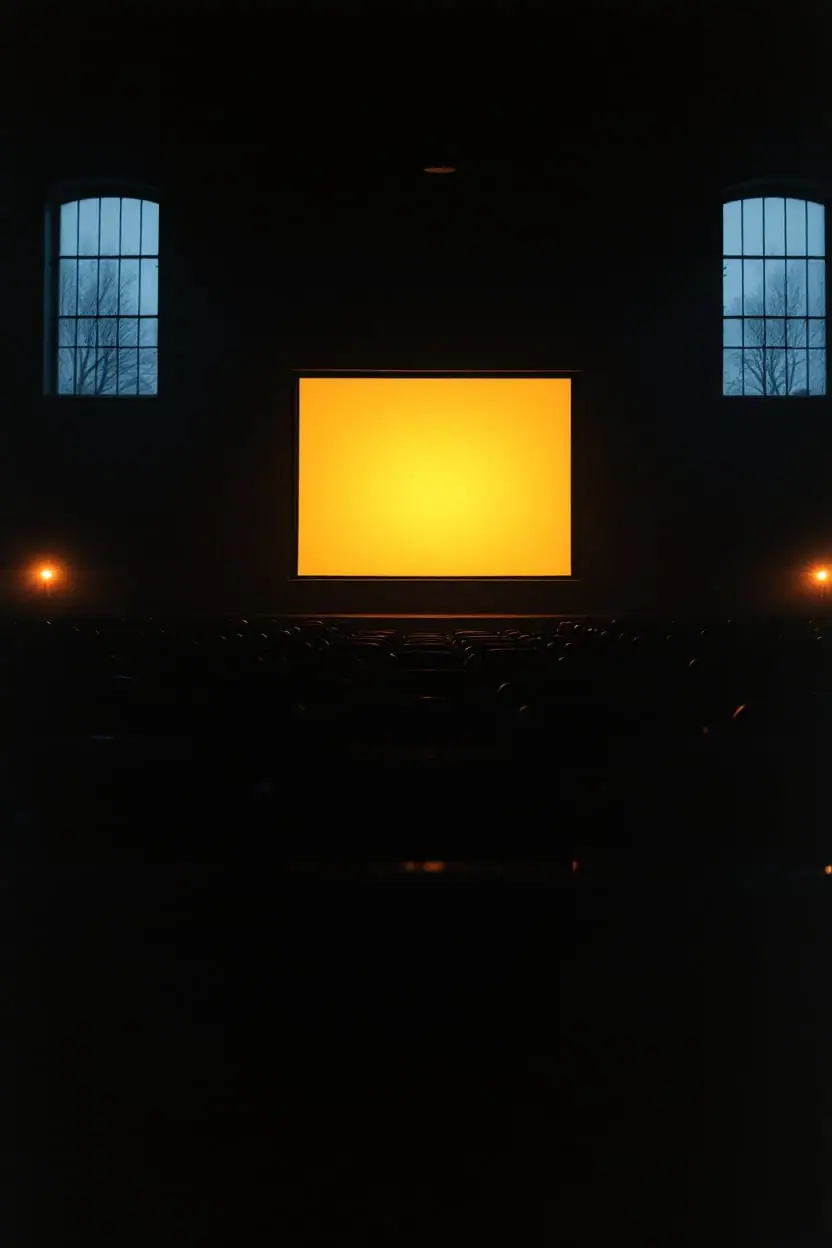 Empty folding chairs in a dim community hall facing a blank glowing screen at dusk