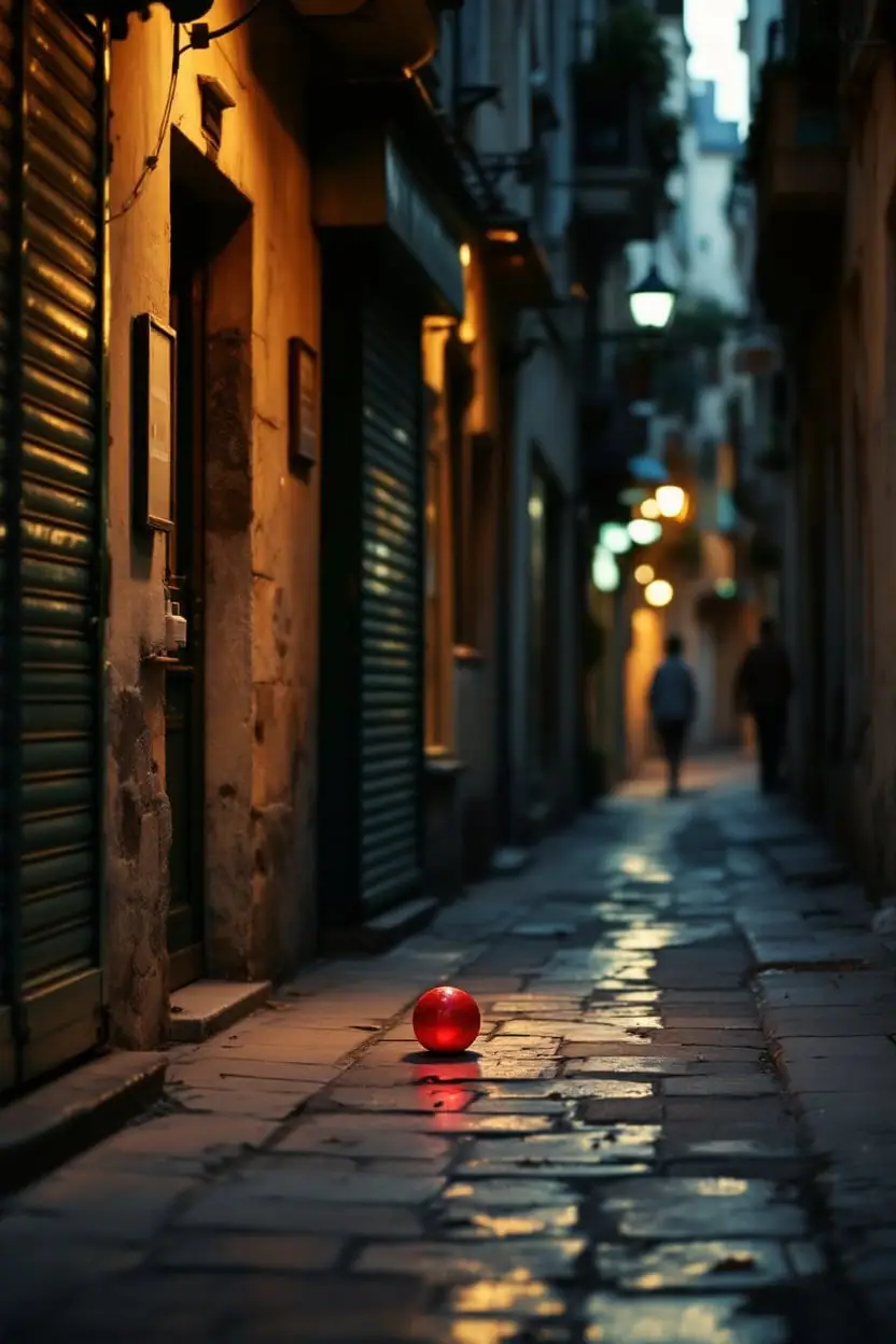 Closed metal shutters line an empty limestone street at dusk, a red ball on the stones