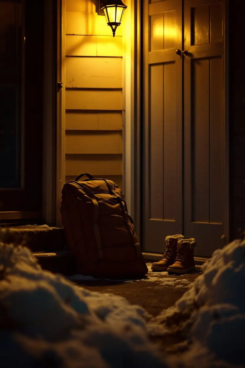 A packed duffel bag and small winter boots beside a back door under a porch light